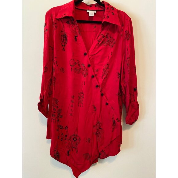 Soft Surroundings Tops - Soft Surroundings Red Tunic Blouse Wrap Black Asian Floral Pattern Large